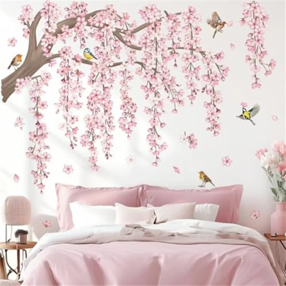 large pink cherry blossom tree wall decals floral birds wall stickers decor room